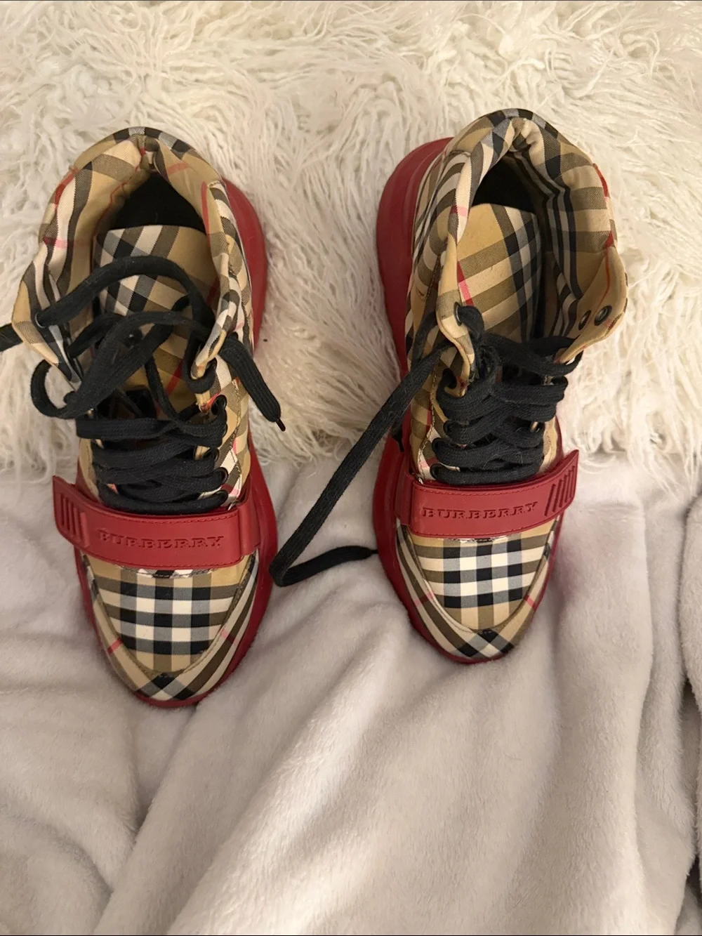 Burberry Beige Plaid High-Top Sneakers with Red Accents